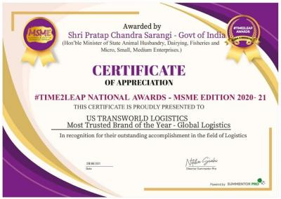 US Transworld Logistics Awarded as a Trusted Brand by the Government of India